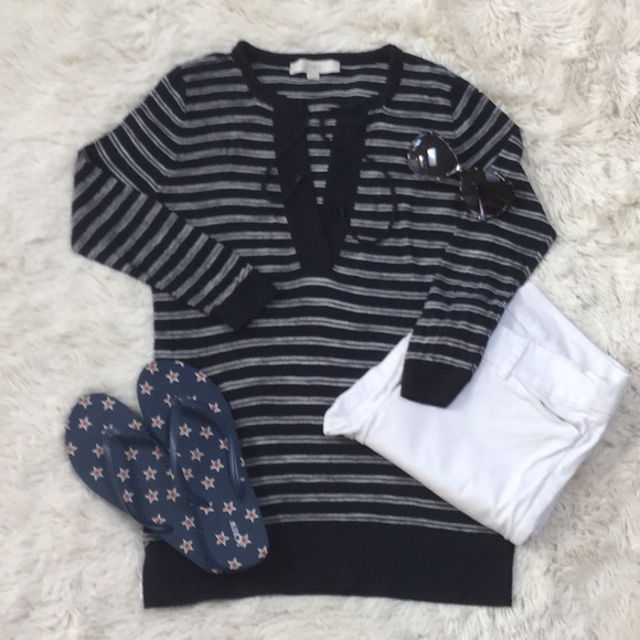 LOFT Sweaters - Loft Sweater 💗 Navy & White Stripe Split Tie Neck